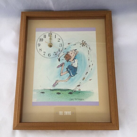80s funny Gary Patterson print in wood framed clock Full Swing animated lady gol - Picture 1 of 7